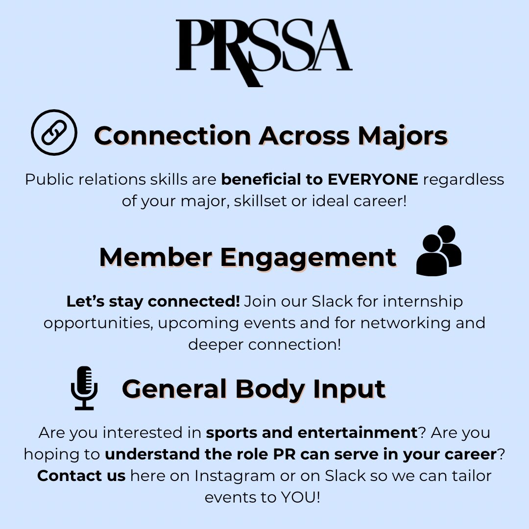 PRSSAbears's tweet image. Hi Bears! Here are three best practices we hope to focus on this year, inspired by sessions at PRSSA ICON 2023! 

The most important thing is YOU! How can we help you accomplish your goals? How can we engage students that aren’t a strategic communication majors? Let us know!