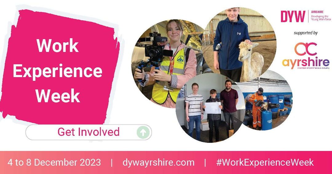 DYWAyrshire's tweet photo. DYW Ayrshire, supported by @AyrshireChamber, are running #WorkExperienceWeek from 4th - 8th December 2023.
This campaign will celebrate the school work experience programme as well as the benefits to employers and young people, through sharing good news stories on social media. https://t.co/y88zYOnd3O