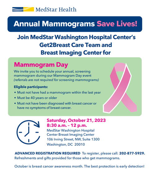 October is Breast Cancer Awareness Month. Mammogram Day! Saturday, October 21, 2023. 8:30am-12pm. Registration Required.