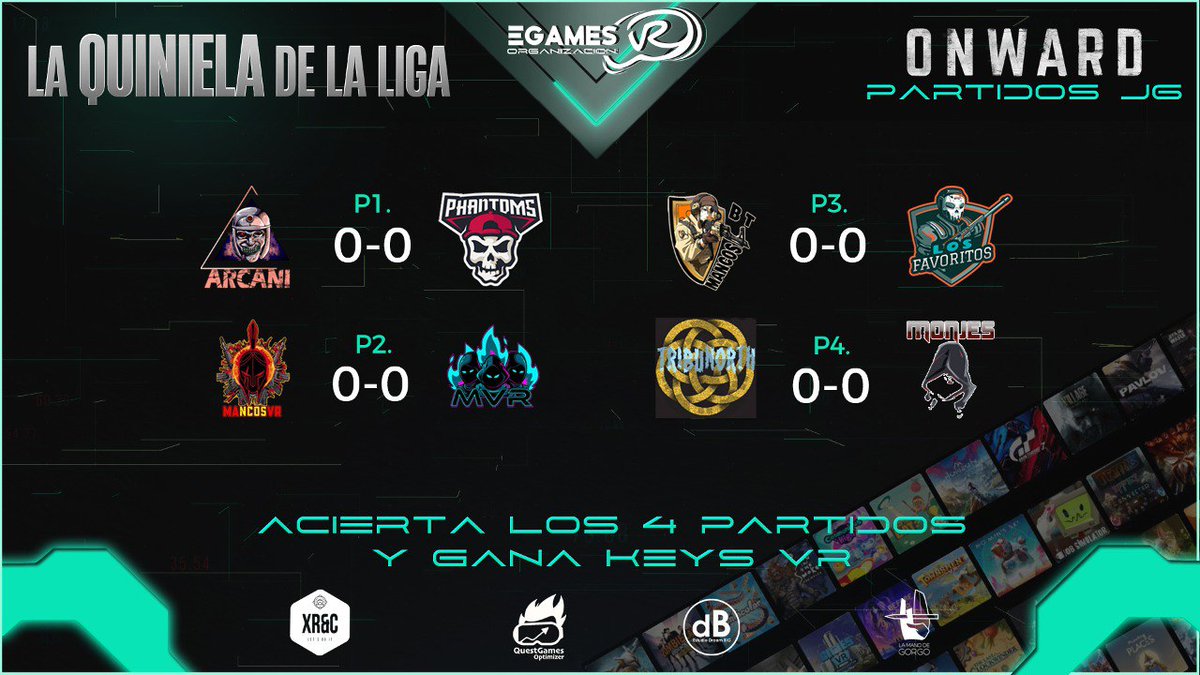 eGamesVR's tweet photo. ‼️LA QUINIELA JORNADA 6‼️
✅Se abre la quiniela para que participéis desde ahora hasta el inicio del primer partido.
🎁Premio: Key VR Undead Citadel de los amigos de @Dark_Curry
@XocusVR #eSports #Competition #laquiniela #egamesvr #onwardvr #onward #esportsvr #VR #meta3 https://t.co/6c7E6hJD0y