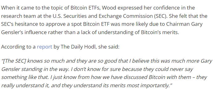 Here's some notable non-fake news: Cathie Wood saying the SEC staff (who is curr engaging w spot issuers for first time ever) "understands bitcoin and its merits" and that it was just Gary standing in way (which is what we sensed as well) via intv w/ <a href="/natbrunell/">Natalie Brunell ⚡️</a>