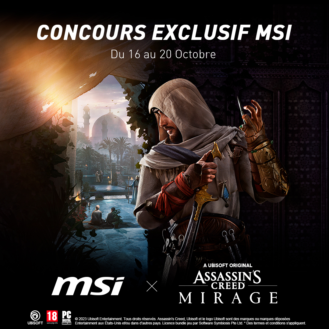 msifrance's tweet photo. Tu veux rejoindre l'aventure #AssassinsCreedMirage ?
Ça tombe bien, avec @UbisoftFR, on vous fait gagner 4 clés ! 

Pour participer :
✅ Follow @msifrance
🔄 Like, RT et commente ce post en taguant un ami qui gagnera avec toi

TAS de 2 commentaires le 20/10 https://t.co/Htl9VPVH4L