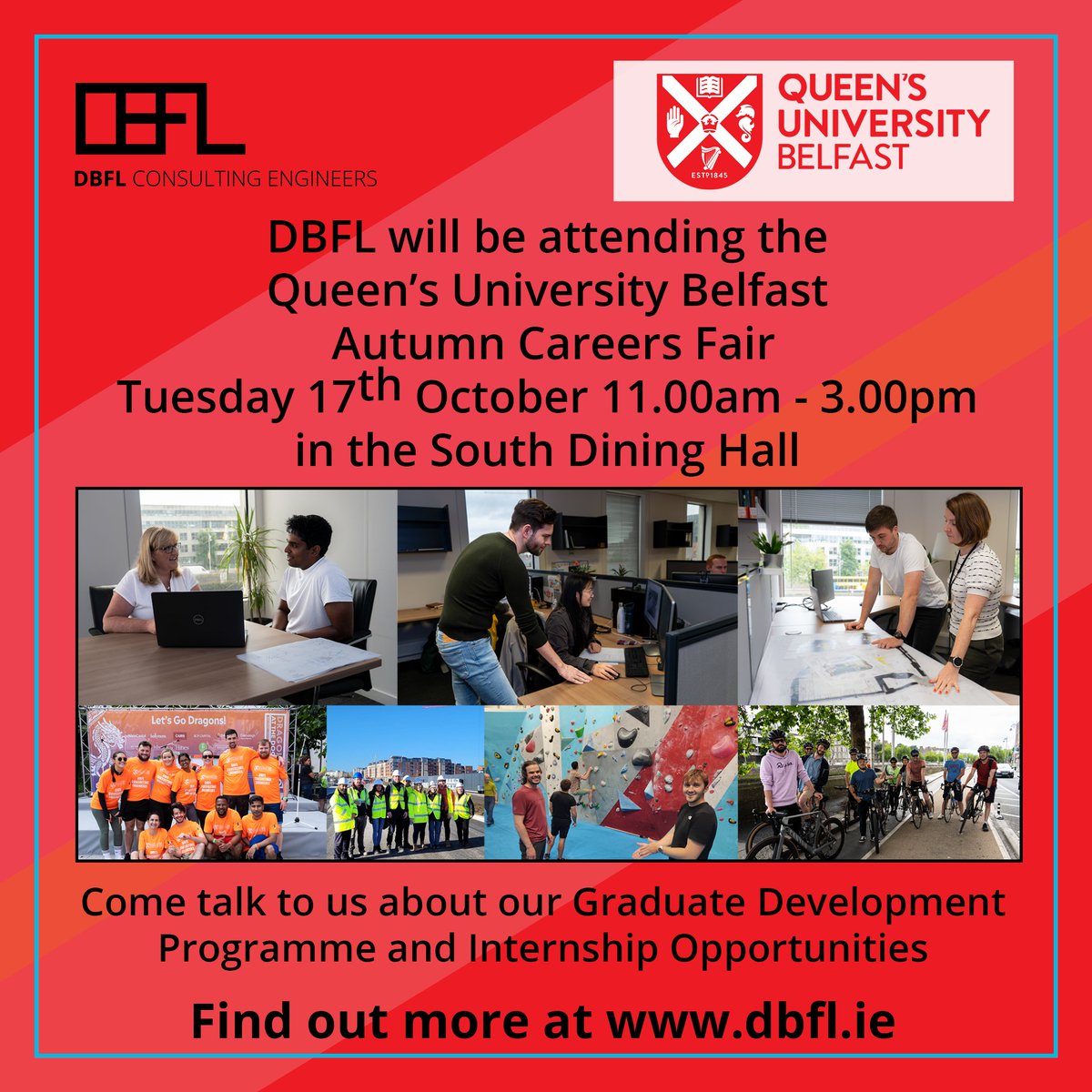 We'll be at the <a href="/QUBelfast/">Queen's University Belfast 🎓</a> Autumn Careers Fair Tuesday 17th October 11.00 am - 3.00 pm in the South Dining Hall. Ask about our Graduate Development Programme &amp; Internship Opportunities. dbfl.ie
#QUBCareersFair #QUBCareers #FutureReadyGraduates #Engineering