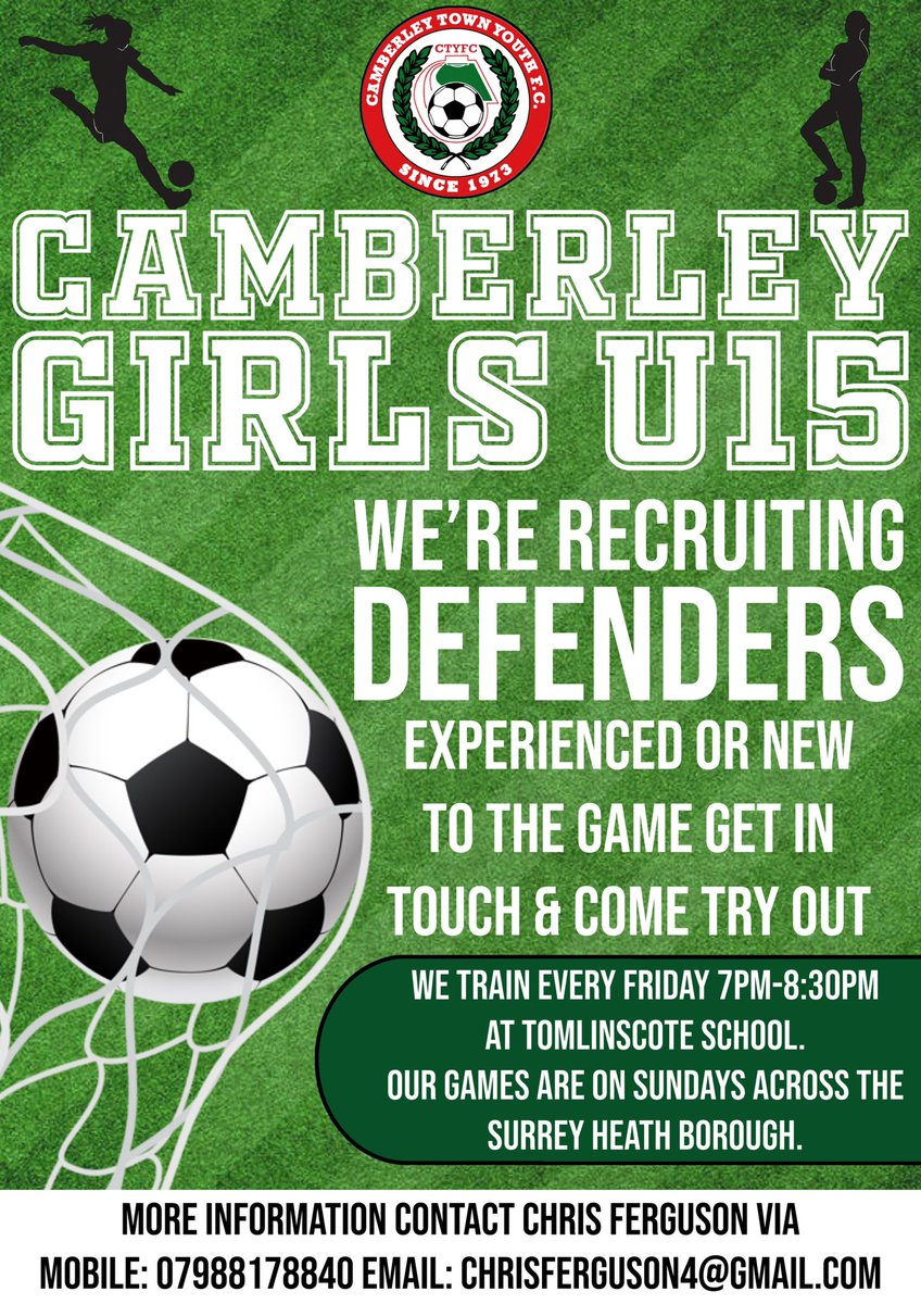 Our 15's are looking to recruit some more defenders for the 23/24 season. Check out the details below to get in touch ⚽️ #Surrey #GirlsFootball #NewPlayers #CTYFC #Camberley #Localfootball