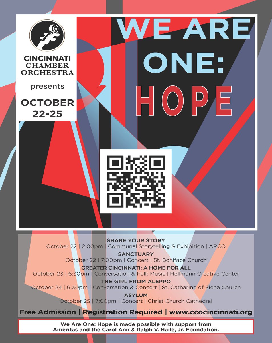 Join @CincyChamberOrc for We are one: HOPE. Check out the flyer for upcoming events including Price Hill.
Únase a la Orquesta de Cámara de Cincinnati Nostros Somos uno: ESPERANZA. Consulte el folleto para conocer los próximos eventos, incluido el 22 de octubre en Price Hill.