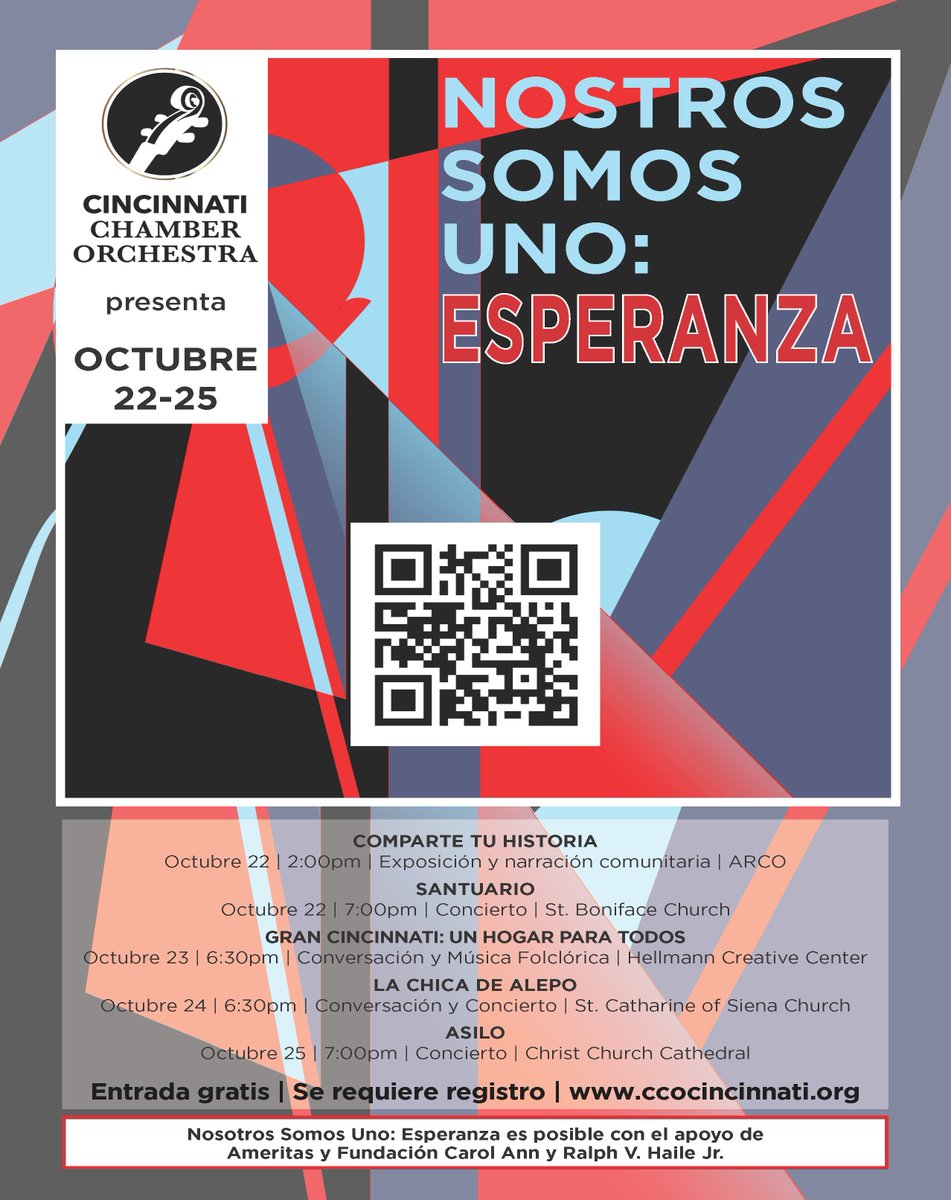 SantaMariaCincy's tweet photo. Join @CincyChamberOrc for We are one: HOPE. Check out the flyer for upcoming events including Price Hill.
Únase a la Orquesta de Cámara de Cincinnati Nostros Somos uno: ESPERANZA. Consulte el folleto para conocer los próximos eventos, incluido el 22 de octubre en Price Hill. https://t.co/Io1IXJsvnO