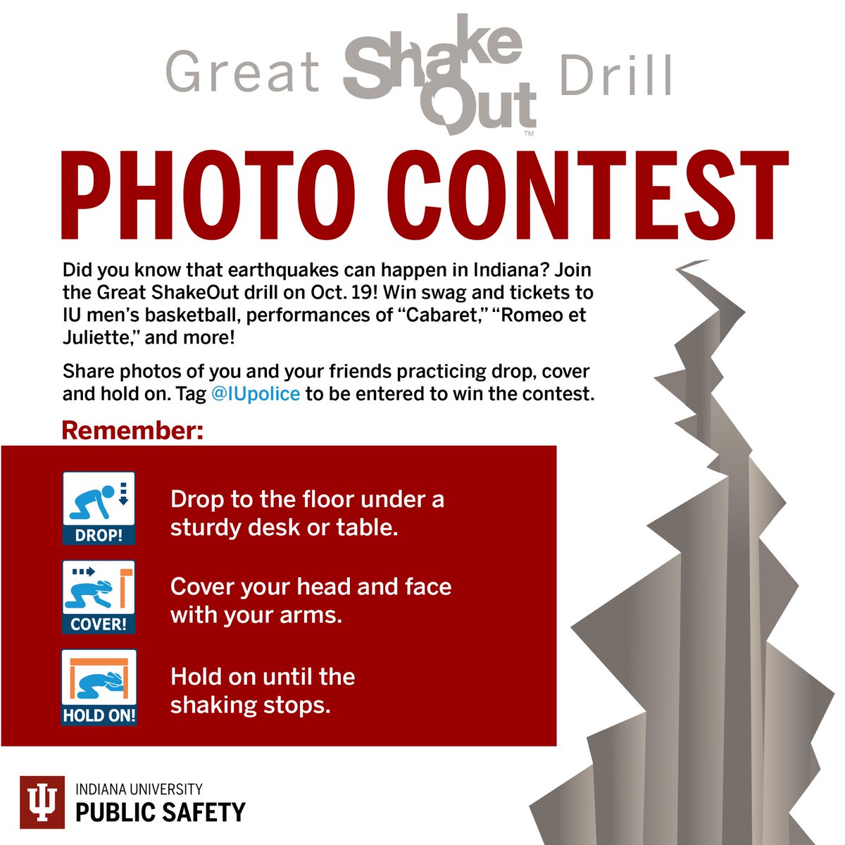 Join millions around the globe in the world's largest earthquake drill: the Great ShakeOut! 
☑️ Practice on Oct. 19th 
☑️ Take a picture and tag us
☑️ WIN PRIZES