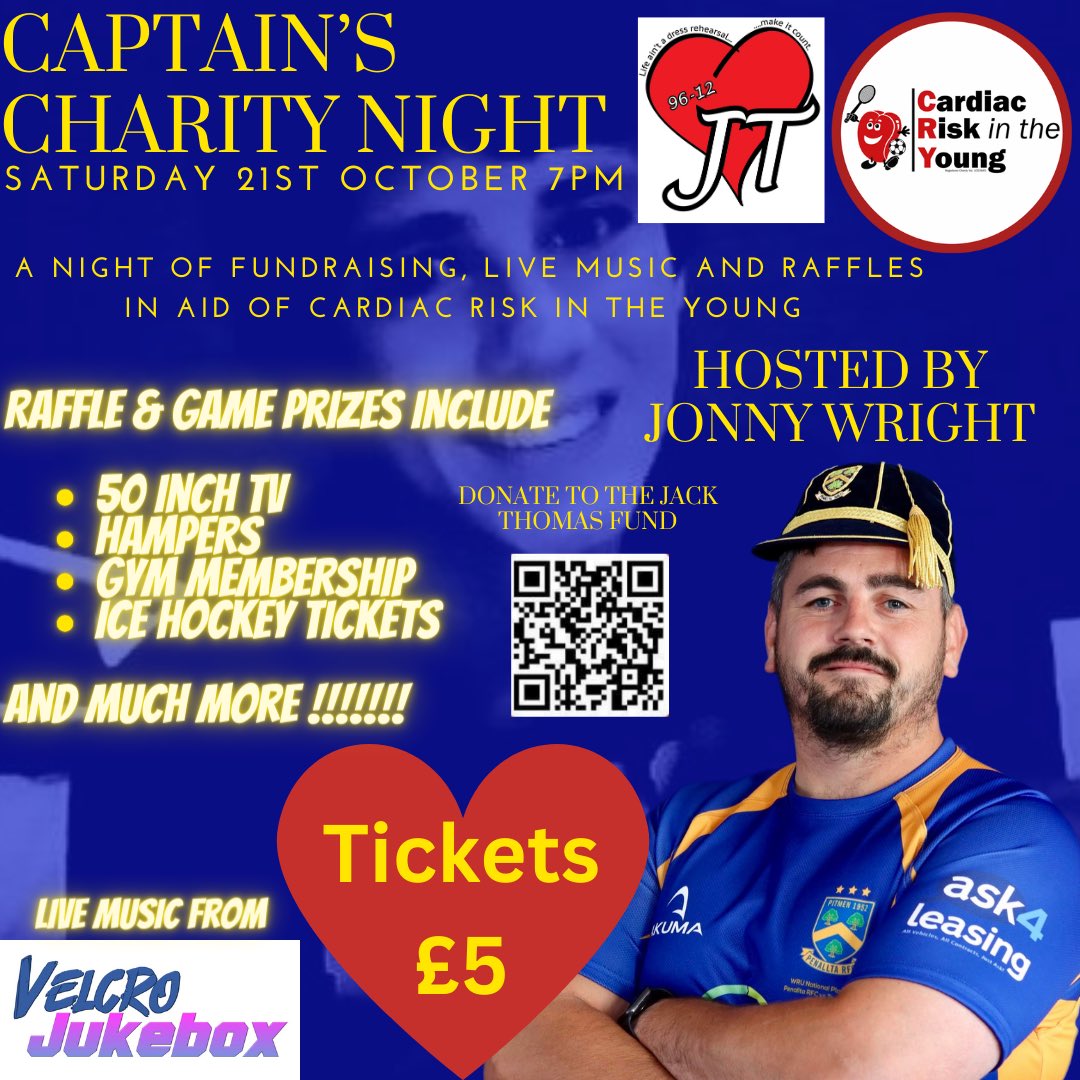 Don’t forget this Saturday is our very first Captain’s Charity night raising money for Cardiac Risk in the Young! We have some amazing raffle/game prizes to be won including a 50 inch TV, Ice hockey tickets and a gym membership! Get down and help support a wonderful charity 💙💛