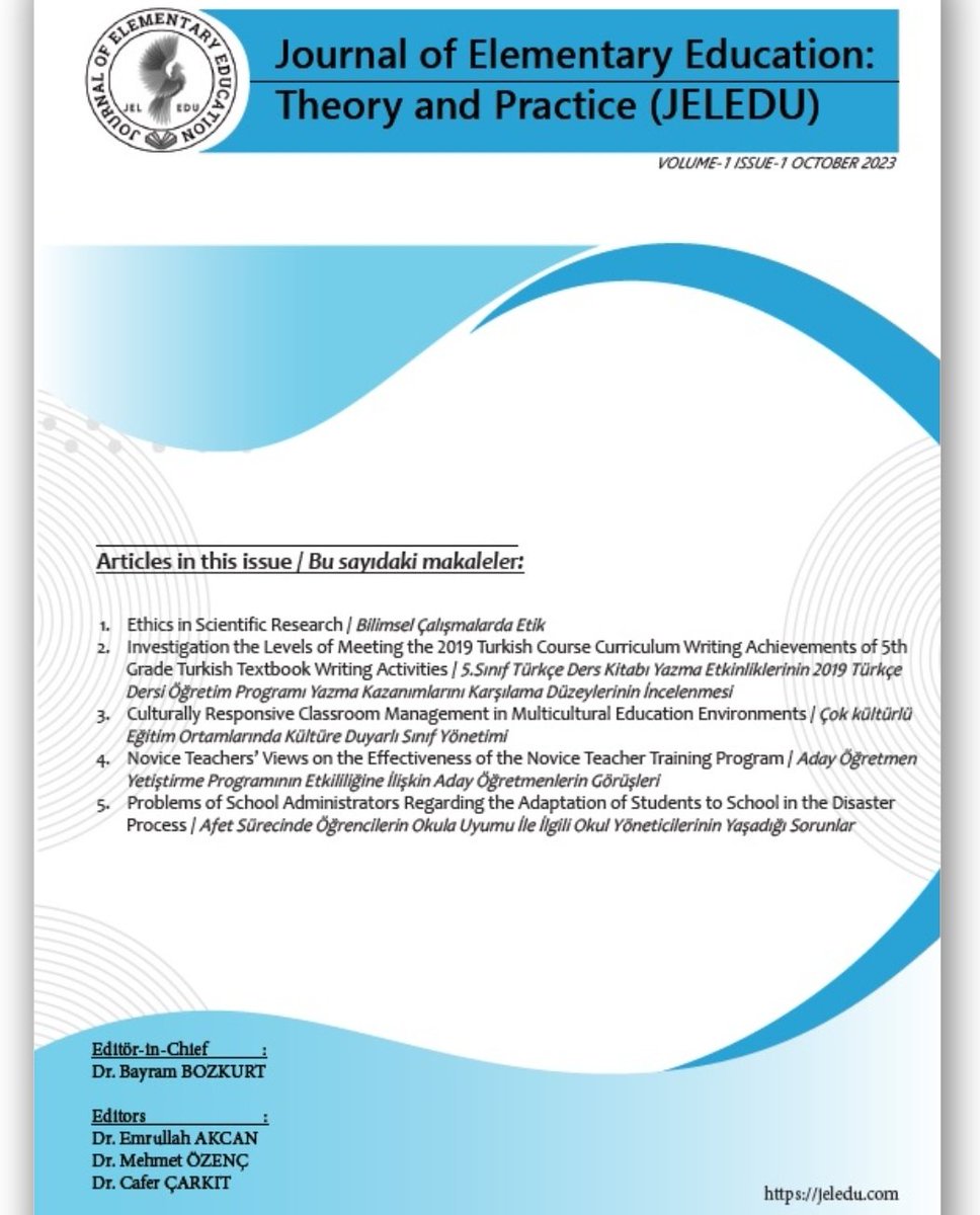 jeledu.com/index.php/pub/… 

Uzun süredir üzerinde yoğun çalışmalar yürüttüğümüz Journal of Elementary Education: Theory&amp;Practice ilk sayısı ile ilginize sunulmuştur. Süreçte katkısı olan tüm editör, hakem ve yazarlarımıza teşekkür ediyor sonraki sayıya çalışmalarınızı bekliyoruz.