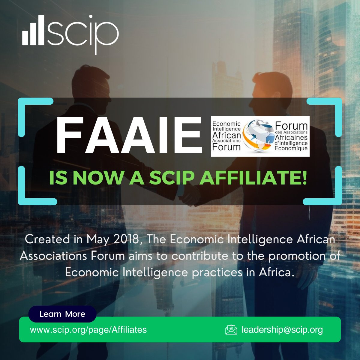 We are excited to share that the #EconomicIntelligence #African #Associations Forum (#FAAIE) is now a #SCIP #Affiliate! 

Working together towards the #Economic Development of the Pan-African community: faaie.africa

Join #SCIP as an #Affiliate: scip.org/page/Affiliates
