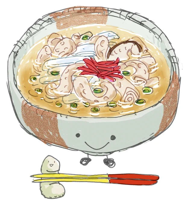 よろづ屋TOMさんの #沖縄そばの日 ついーとで中味そばが食べたくてたまらなくなったので描いた。中味そばなのか中味汁なのかわからなくなったけどよー。