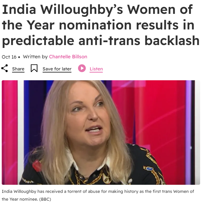 ripx4nutmeg's tweet photo. India Willoughby will be at least the fourth man to win a 'Woman of the Year' award THIS YEAR if / when he wins https://t.co/lQY9fcoSfO