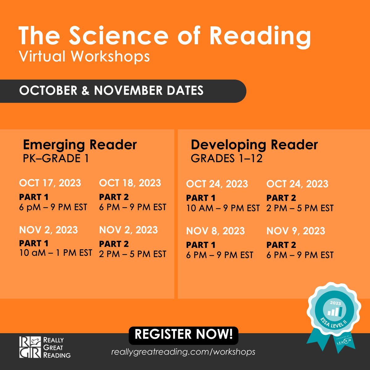 Our complimentary Science of Reading Virtual Workshop dates are available now. Don't miss out on these workshops. They are filling up!

Register: reallygreatreading.com/the-science-of… 

#teachers #freeworkshop