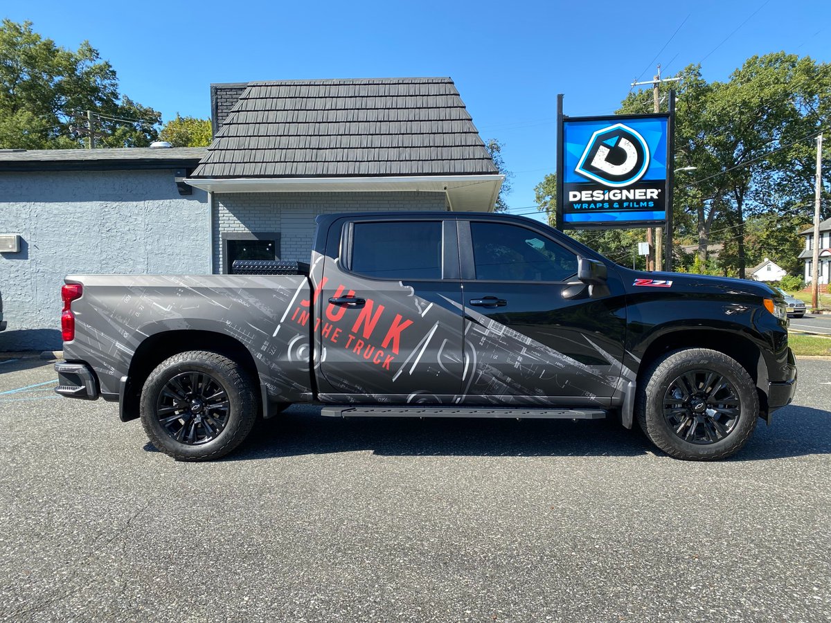 A new one added to Junk in the Truck's fleet. #designerwraps #yourbrandrealized #junkinthetruck #truckwrap #partialwrap #mattewrap #mattefinish #truckwraps #partialwraps #commercialwraps #truckgraphics #worktruck #chevyz71 #chevytruck #phillywraps