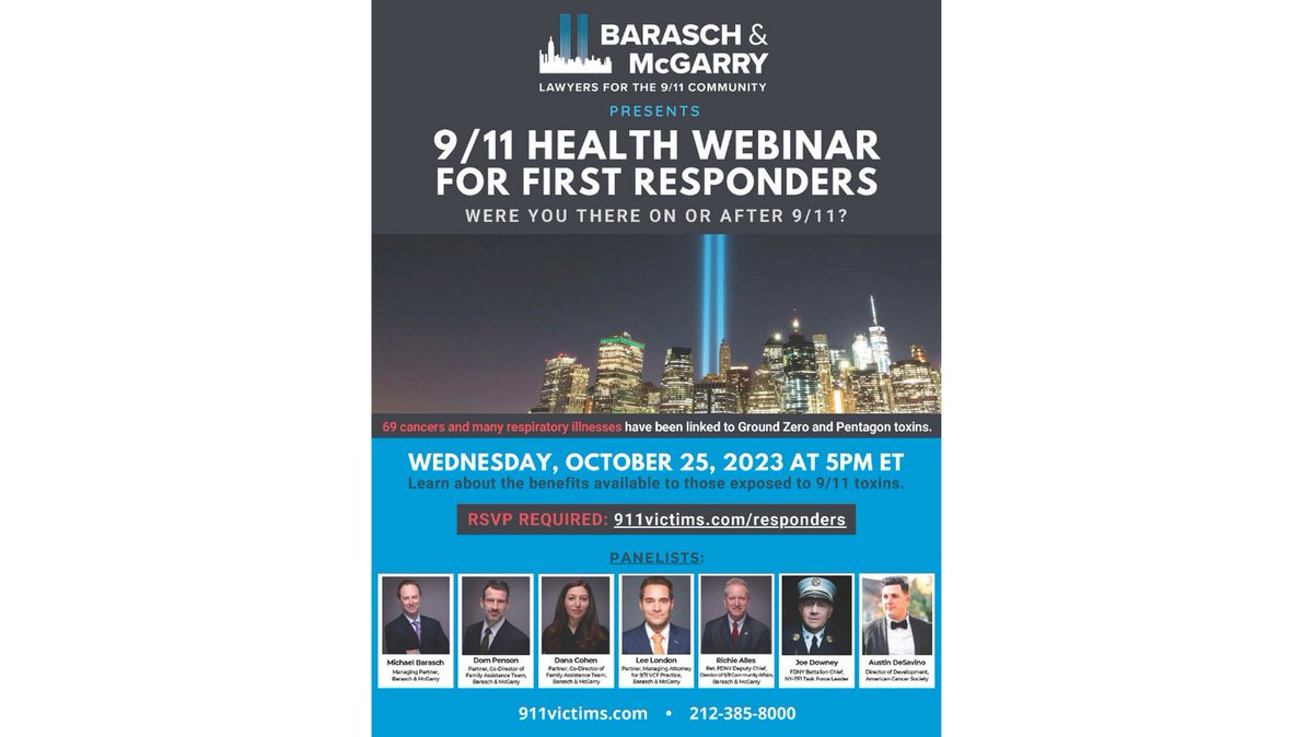 Join FCSN Board member Michael Barasch and his team on Wednesday October 25, 2023 at 5pm EST to learn about the World Trade Center Health Program and 9/11 Victim Compensation Fund. Register at: 911victims.com/responders