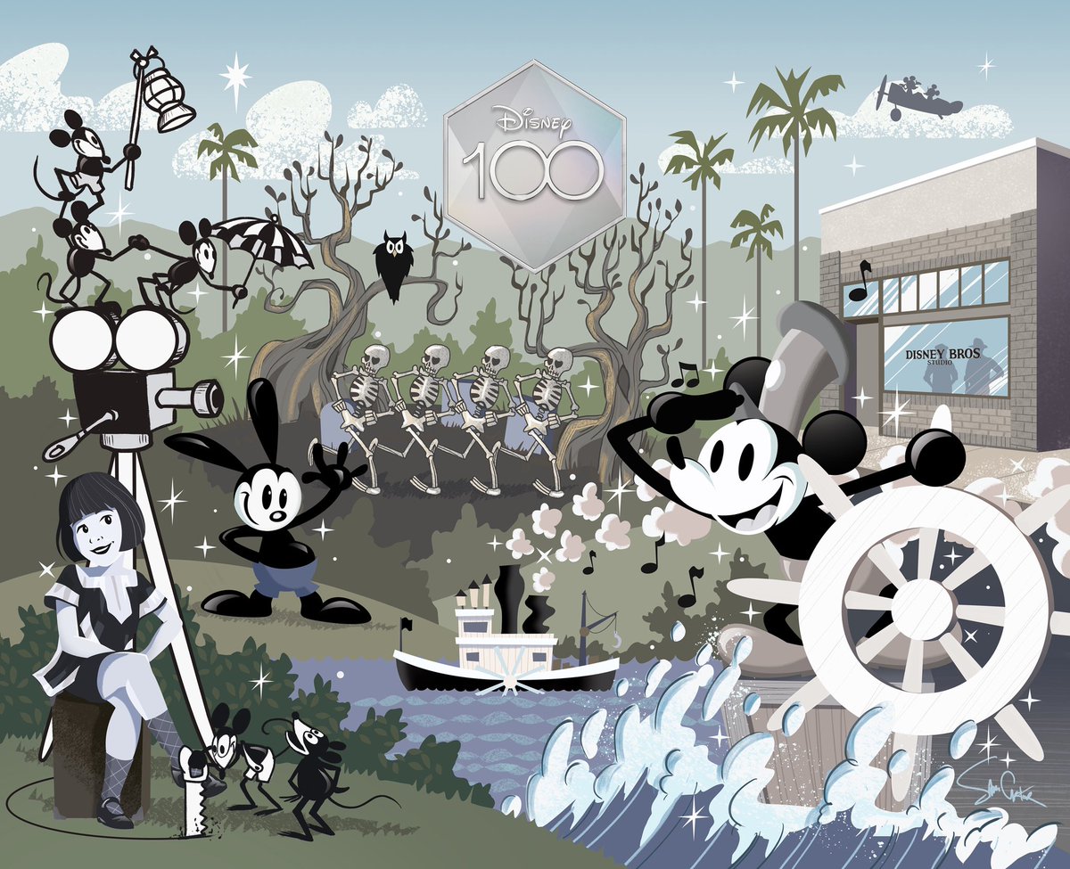 TWDCArchives's tweet photo. In honor of today's centennial celebration for The Walt Disney Company, we present a series of six all-new illustrations that explore Disney’s creative endeavors through the eras. ✨ 

Illustrated by noted visual artist Sam Carter, the artwork debuted yesterday at @disneyd23's Disney100: D23 Royal Anniversary Ball at The Walt Disney Studios. 

(1/6) 1920s 

#disney100 #d23 #waltdisneystudios #disneyhistory