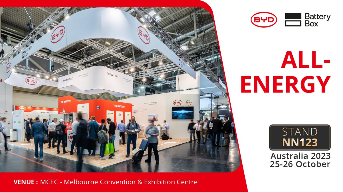 Join the BYD Battery-Box Team at @AllEnergyAU on Oct 25-26 in the Melbourne Convention & Exhibition Center, booth NN123 and meet our experts to get the latest news and highlights on the BYD Battery-Box #AllEnergyAU #renewableenergy #energystorage #byd #BYDBatteryBox #pv