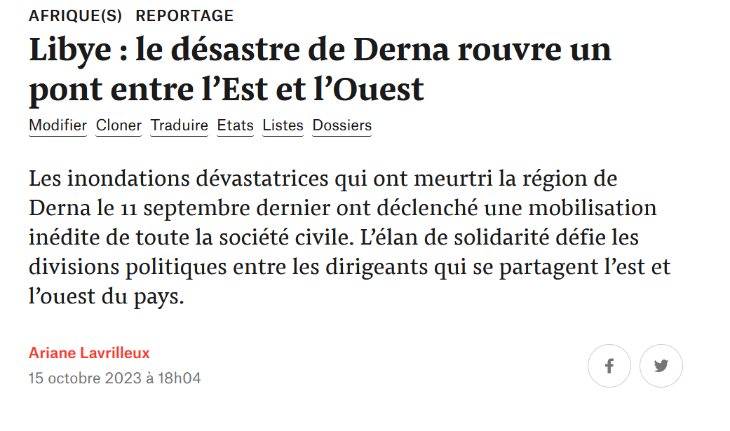 #Libye 1 mois après les inondations à l'Est, je suis allée à... l'ouest 
Dans un pays qui a connu 3 guerres civiles et qui a tjs 2 gouvernements rivaux, j'ai voulu raconter l'élan de solidarité qui a surpris &amp; (un peu) uni les libyen·nes

✍️@mediapart🧵⤵️
mediapart.fr/journal/intern…