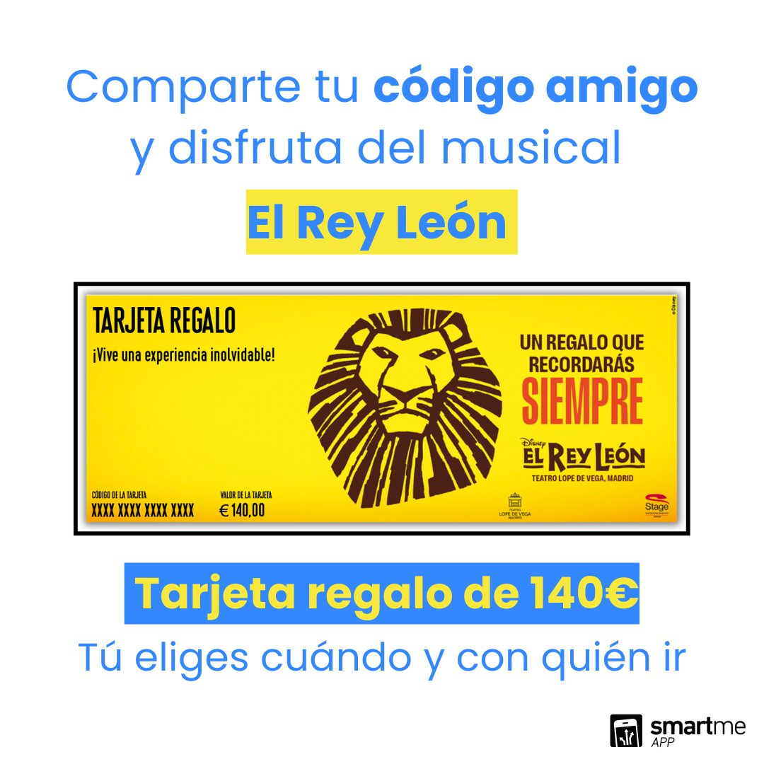 ¿Quieres disfrutar del espectáculo del musical de "El Rey León"? 🦁
Comparte tu código amigo y entra en el sorteo de 1 tarjeta regalo de 140€ para el musical de "El Rey León" ¡Tú eliges cuándo disfrutar del espectáculo y con quién! 
Conoce las condiciones del concurso en la App