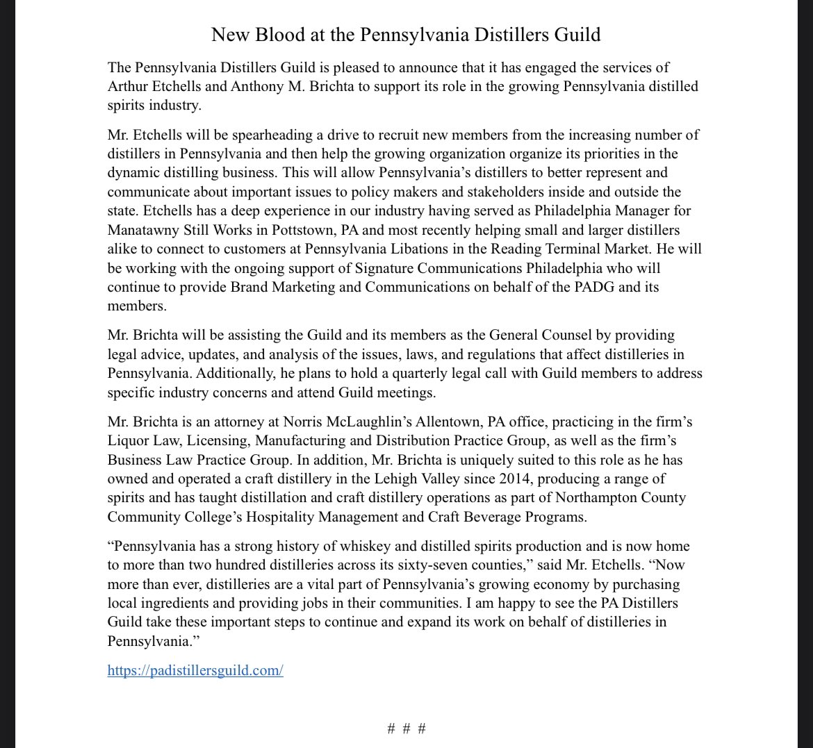 The PA Distillers Guild is expanding its outreach and efforts! Happy to be named General Counsel for the Guild and excited to get to work with Art! 

padistillersguild.com/news/