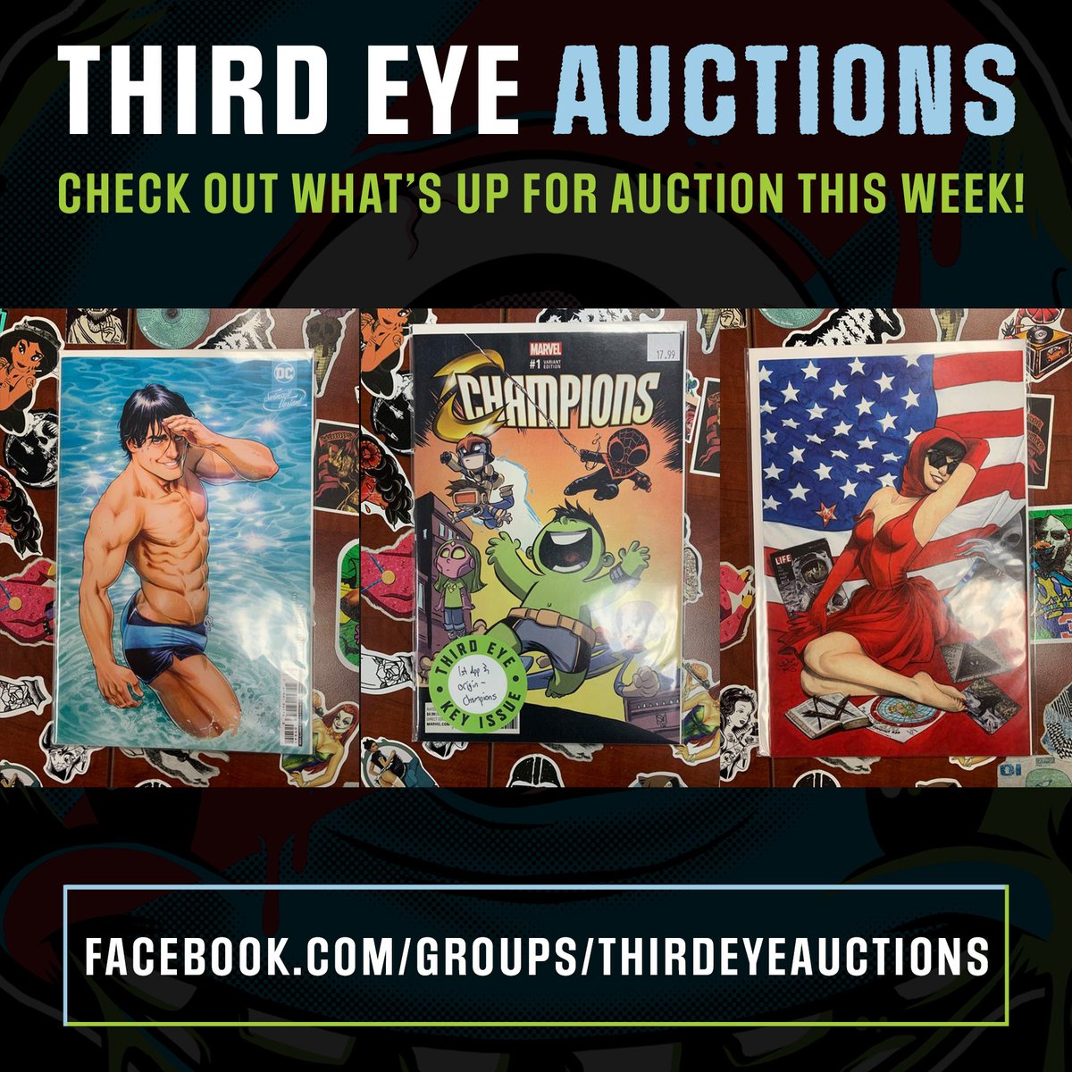 Tons of dope variant covers, key issues & more at Third Eye Auctions! AT NOON LOOK OUT FOR: - Rad SKOTTIE YOUNG covers, like that 🔥 CHAMPIONS #1 variant! - Super dope DC Swimsuit covers, including everyone's fav, NIGHTWING! - Rare exclusives, like DEPARTMENT OF TRUTH!!!