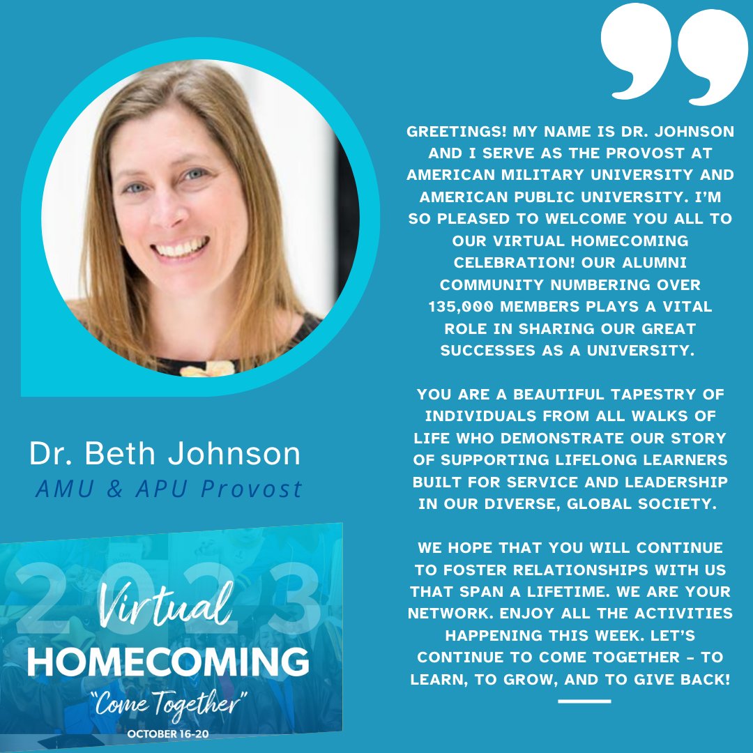 Our new Provost, Dr. Beth Johnson, wanted to share her greetings with you as we kick off Virtual Homecoming! #AMUComeTogether #APUComeTogether