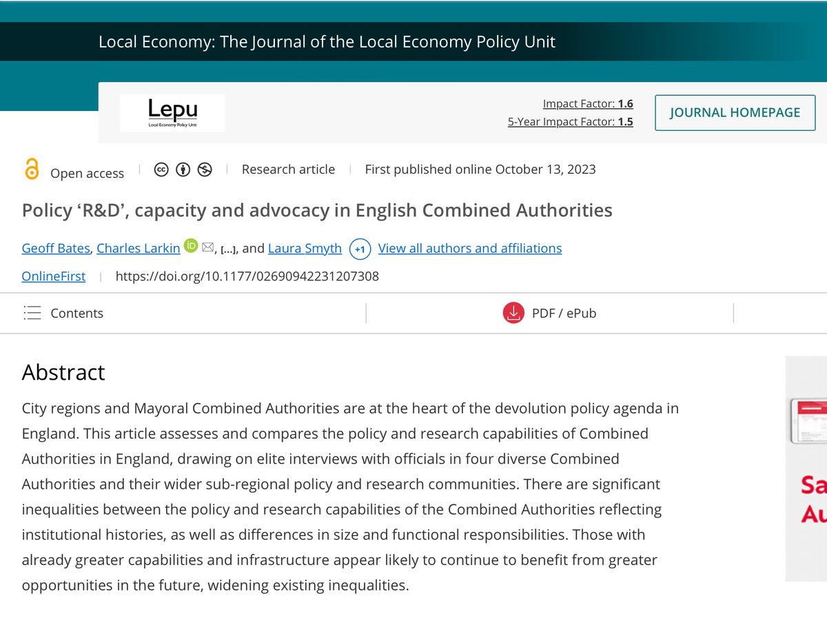 IPR (@uniofbathipr) on Twitter photo 📝New publication alert! 📝
<a href="/cjwlarkin/">Charles J. Larkin</a> <a href="/bates_g/">Geoff Bates</a> and Laura Smyth have recently published “Policy ‘R&D’, capacity and advocacy in English Combined Authorities” in the journal Local Economy.
Read it here: doi.org/10.1177/026909… 📝New publication alert! 📝
<a href="/cjwlarkin/">Charles J. Larkin</a> <a href="/bates_g/">Geoff Bates</a> and Laura Smyth have recently published “Policy ‘R&D’, capacity and advocacy in English Combined Authorities” in the journal Local Economy.
Read it here: doi.org/10.1177/026909…