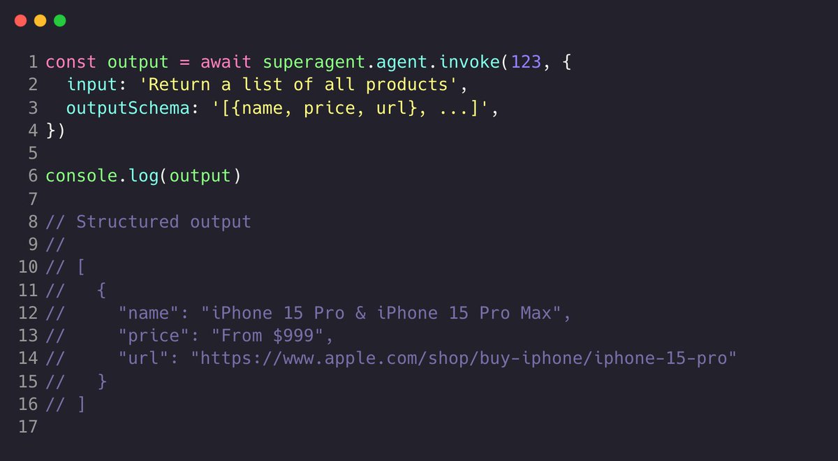 pelaseyed's tweet photo. ⚡️ STRUCTURED OUTPUTS ⚡️

It has been on my todo list for quite some time but finally got around to enabling Superagent to return structured outputs. 

Particularly useful when combined with other apis/datasources as well as content aggregation/scraping task. 🥷🥷 https://t.co/GeVYN65PwS