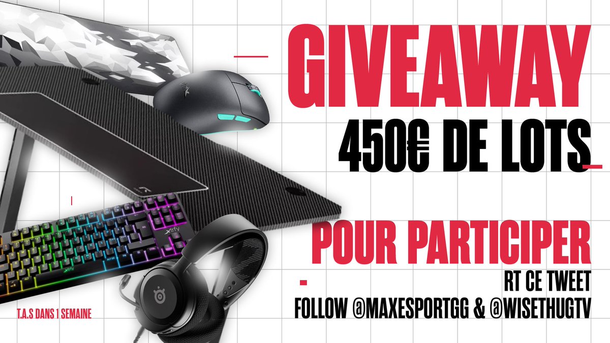 🏆 #Concours🏆

Pour fêter notre collaboration avec <a href="/MaxEsportGG/">MAXESPORT</a> on vous fait gagner un pack de d'une valeur de 450€ ! 
Pour participer : 
- RT ce tweet 
- Follow <a href="/MaxEsportGG/">MAXESPORT</a> &amp; <a href="/WisethugTV/">Wise</a> !

T.A.S prévu le 23/10 ! Concours ouvert à la France / Suisse / Belgique.

Le contenu du