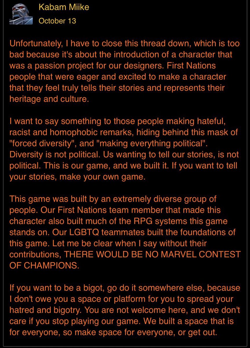 Wanted to emphasize and rephrase this because I believe it’s more important.
Inclusiveness and diversity are NOT political. Getting upset because a game has diversity makes you look incredibly stupid, and complaining about it on a forum page makes you looks worse
Bigots fuck off