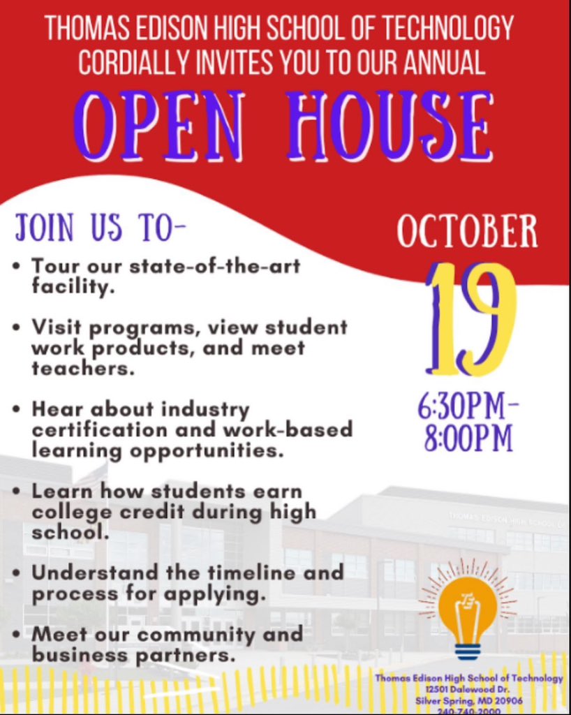 3 days out! Come by Thursday from 630-8 to tour our state-of-the-art building and hear from our amazing teachers. #MoCo #MCPS #HighSchool #Trades #certification #license #services #Automotive #Construction