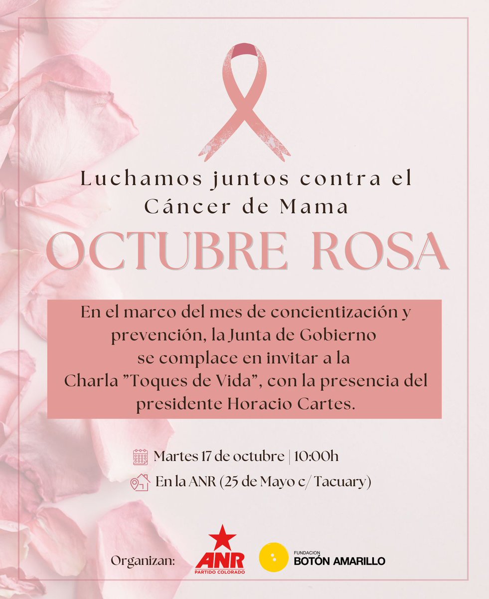 Partido Colorado sigue con actividades por el mes de #OctubreRosa. 
Este martes 17 de octubre, a las 10:00h en la ANR, se realizará una charla sobre prevención y concientización en el marco de la semana del Día Mundial de la lucha contra el Cáncer de Mama.