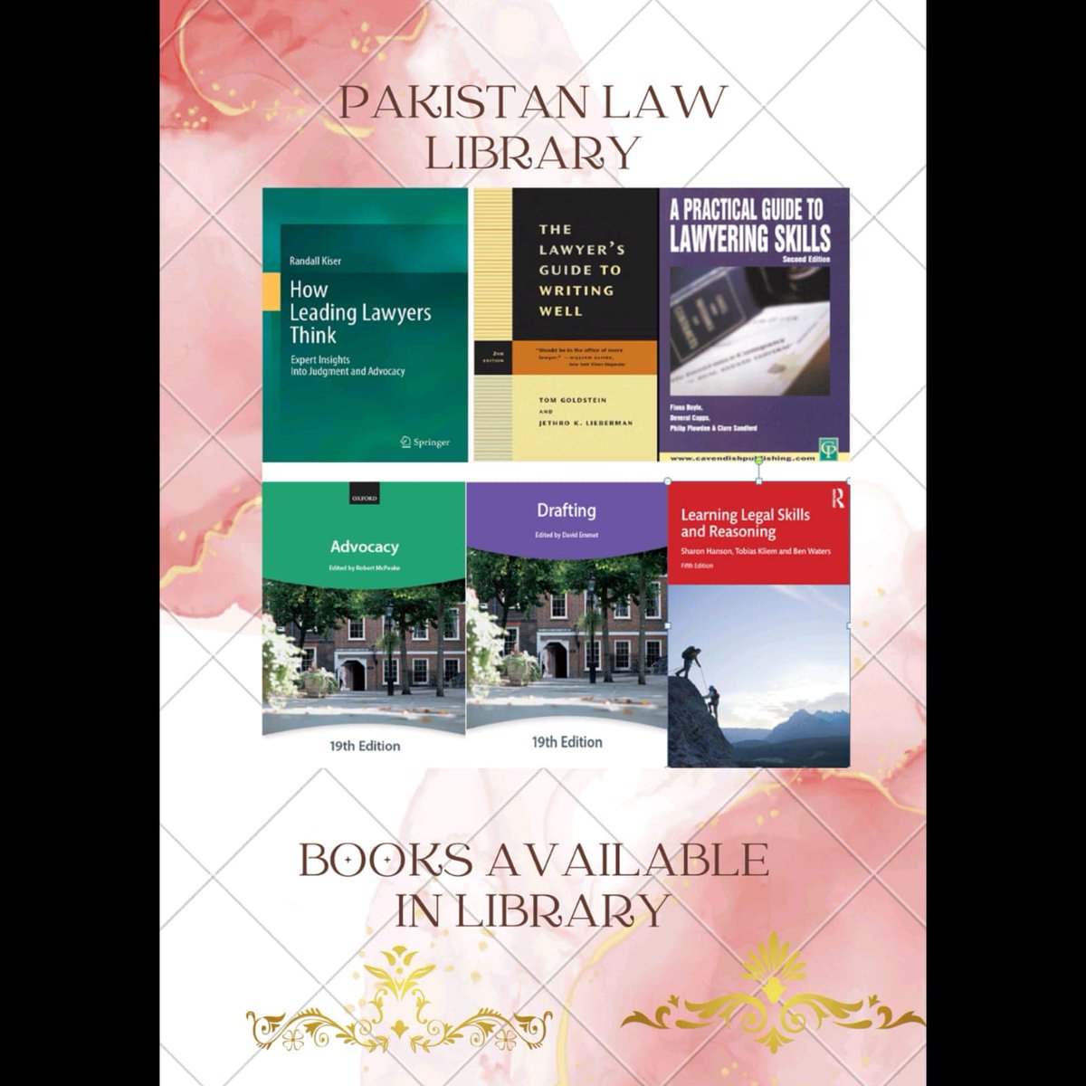 pakistan_cl's tweet photo. PAKISTAN LAW LIBRARY'S WEEKLY E-BOOK LIST:

To access the Library's e-books, PCL students can contact the Head Librarian Ms. Zubia Rasheed in the Pakistan College of Law's Main Campus where the Pakistan Law Library is located....📷📷📷📷📷📷📷📷📷📷📷 https://t.co/Hswr1zWHeE