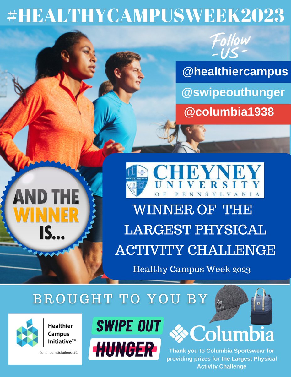 Congratulations to #LargestPhysicalActivityChallenge Winner - @CheyneyUniv @cheyneywellness !!  #healthycampusweek2023  Thx to your dedication and hard work got your students moving!!  Many thx to Columbia Sportswear for the donations and sponsorship!!  #HBCU #wellbeing