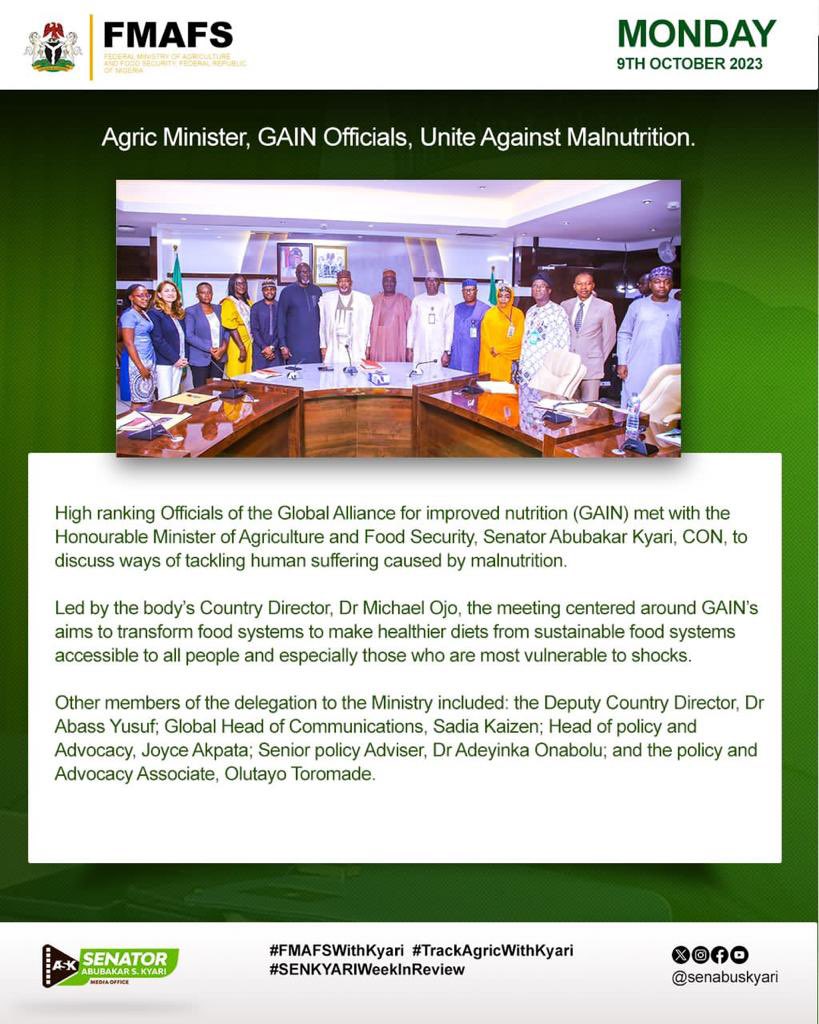 Abbakyariali's tweet photo. HON. MINISTER OF AGRIC & FOOD SECURITY, SENATOR ABUBAKAR KYARI’S WEEK IN REVIEW 8th October - 14th October, 2023 #SenKyariWeekInReview #FMAFSWithKyari #TrackAgricWithKyari https://t.co/A2LO5lPU33