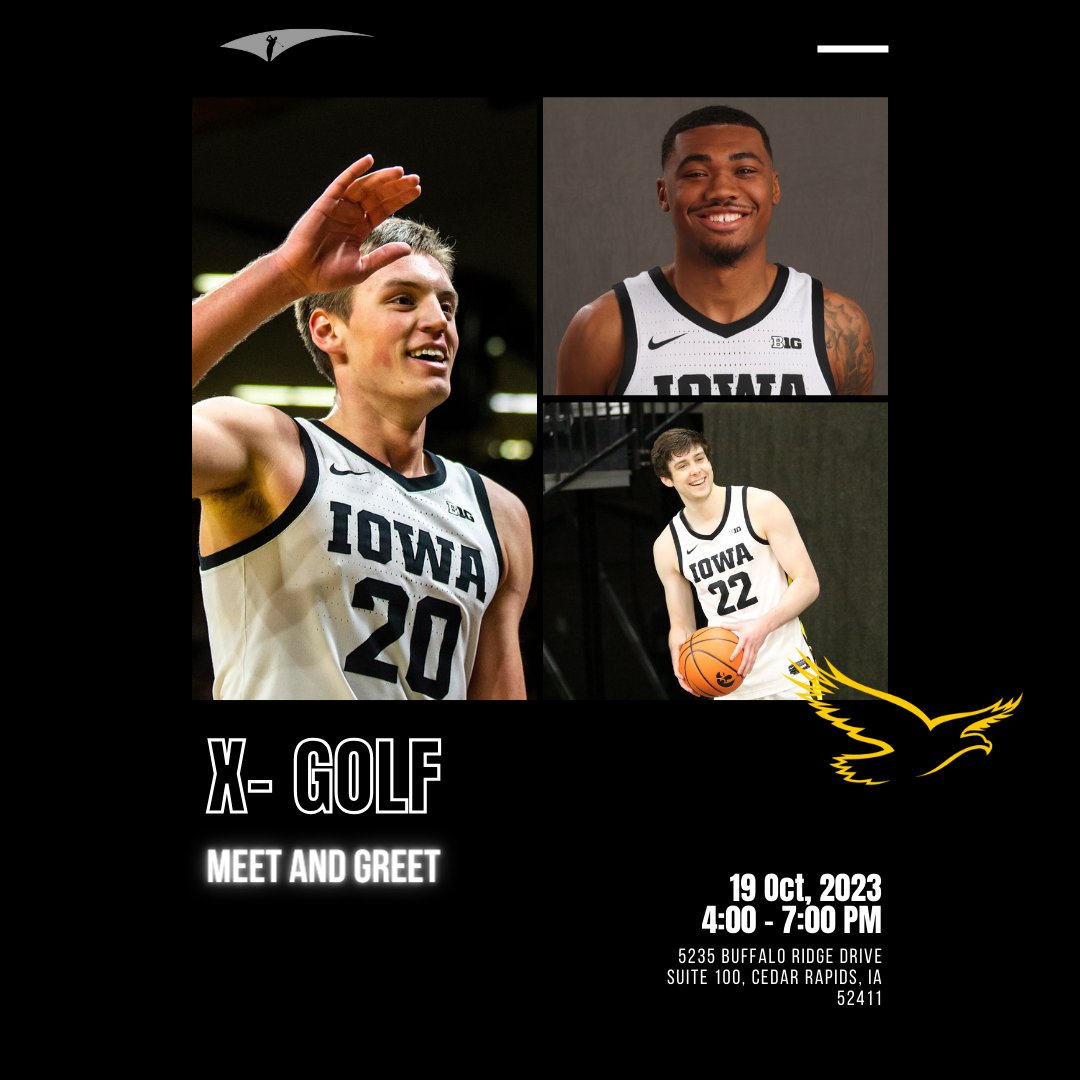 IowaSwarm's tweet photo. Basketball's back! Join us Oct 19th, 4-7 pm at X-Golf Cedar Rapids. Meet and snap pics with Hawkeyes' Payton Sandfort, Tony Perkins, and Patrick McCaffery. 📸✍️ 

#IowaHoops #MeetNGreet #IowaSwarm https://t.co/M3Rt6T9kLi