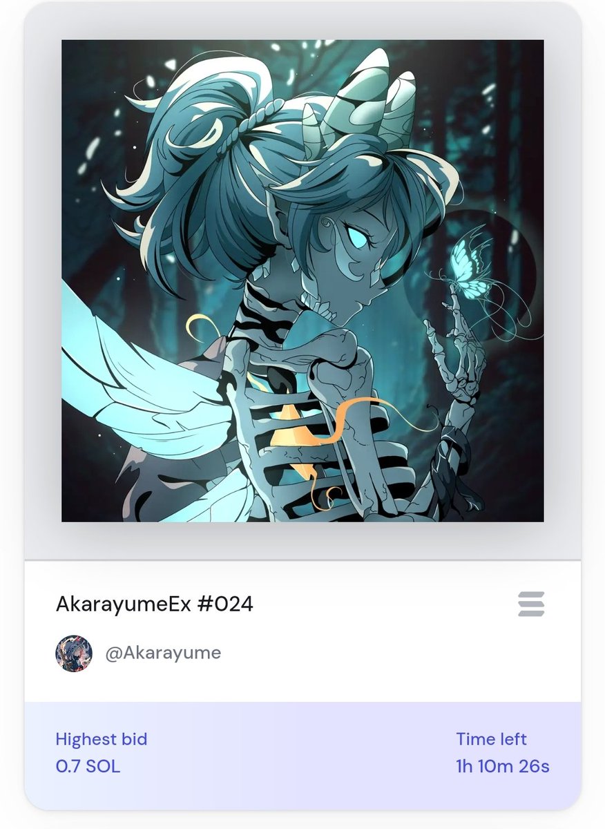 akarayume's tweet photo. GM!

Auction update of AkarayumeEx #024 🎉
Last Call!!

Current bid by @sosoritoo (0.7 $SOL)
Tick 0.3 $SOL
Remaining time : 1 Hours 

Link on the tweet below 
#NFTCommunity #NFTs #NFTs #AkarayumeVerse #SolanaNFT https://t.co/DPfvAUdmKi