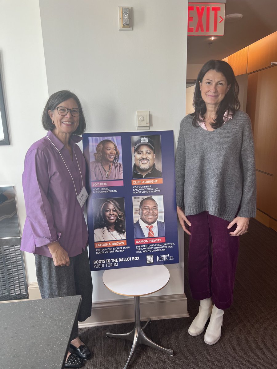 JusticeAid MD Jenny Chandler & Board member Natalie Jowett- Setting up for #JusticeAidForum Boots to the Ballot Box w/ ⁦@MSNBC⁩ ‘s Joy Reid, ⁦@BlackVotersMtr⁩ @MsLaToshaBrown⁩ & Cliff Albright, ⁦@LawyersComm⁩ #TrueReformerBuilding