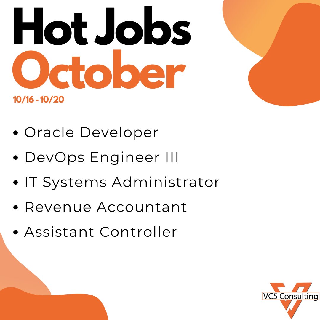 🔥Hot Jobs of the Week Alert🔥

Head over to our website to apply to these great opportunities today:
 
vc5consulting.com/jobs/

#consulting #recruiting #staffing #Jobs #hiring