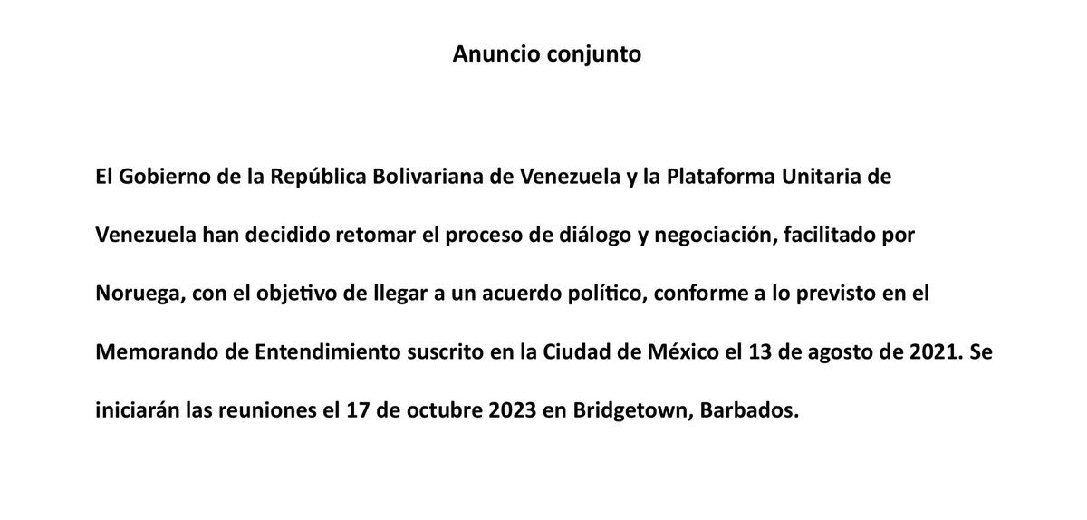 El anuncio conjunto de las partes del proceso de diálogo y negociación de #Venezuela