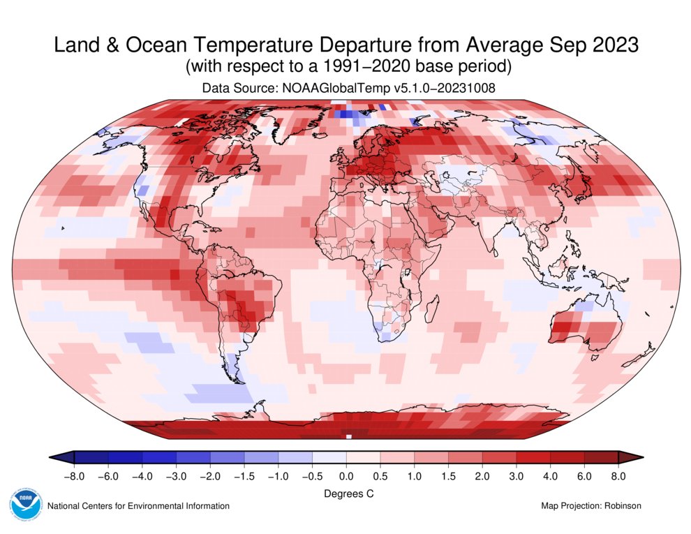2023 is shaping up to be hottest year on record. We just had 4 record warm months. 
Sea surface temperatures also record high, and Antarctic sea ice extent record low.

<a href="/NOAA/">NOAA</a> report at bit.ly/3twn2pT

WMO will issue its #StateofClimate 2023 report for #COP28.