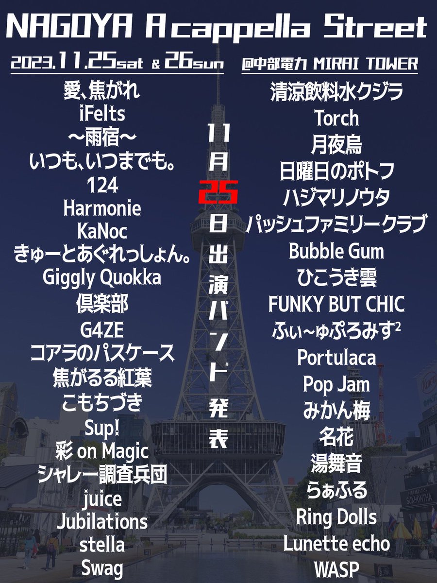 nago_ppella's tweet photo. 🚨バンド表記訂正版🚨
✼••┈┈┈••✼••┈┈┈••✼

11.25 &amp; 11.26
ナゴヤアカペラストリート
出演バンド公開

＋シャッフル企画7組

◆全90組◆

✼••┈┈┈••✼••┈┈┈••✼

#ナゴペラ https://t.co/SX9xxcWYTD
