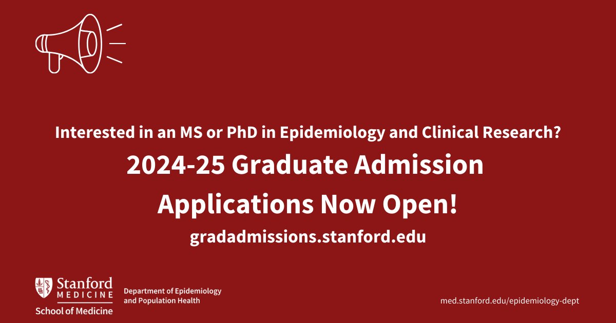 Applications are now open for Stanford's 2024-25 graduate programs. Learn more about earning an MS or PhD in Epidemiology and Clinical Research: med.stanford.edu/epidemiology-d…