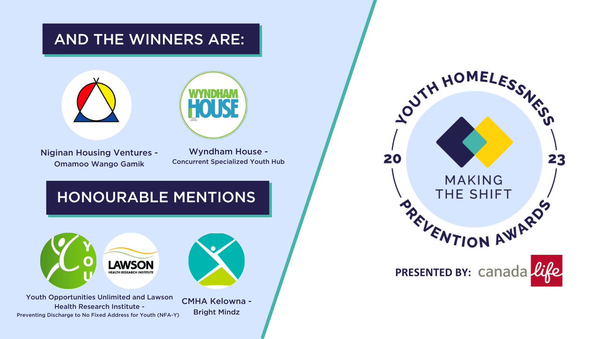 We're thrilled to announce the 2023 #MtSPreventionAwards winners: Omamoo Wango Gamik, Concurrent Youth Hub & honourable mentions: NFA-Y, Bright Mindz. Come meet the awardees on November 9th to learn more about their prevention initiatives: bit.ly/3FbVtVi