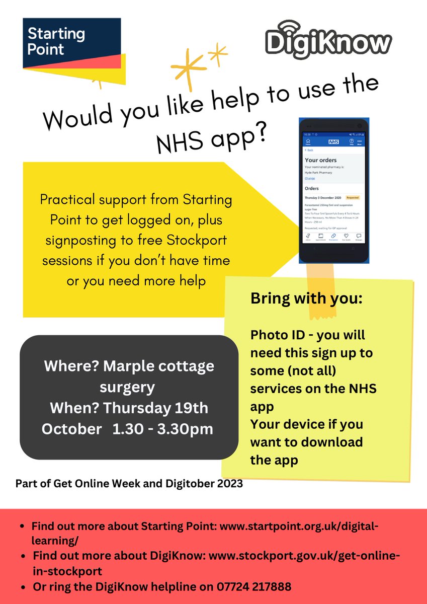 #GetOnlineWeek
Would you like help to use the NHS App?

#DigiKnow @startpointsk6 are providing a drop-in session at Marple Cottage Surgery on Thursday, 19 October 1:30pm - 3:30pm to offer you support to #GetOnline