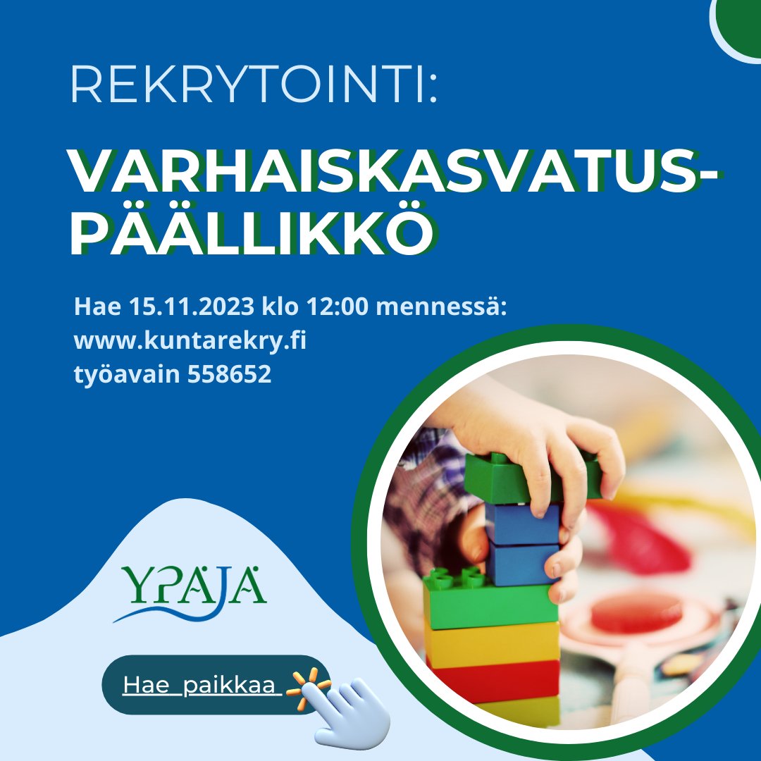 Ypäjän  kunta hakee osaavaa ja sitoutumiskykyistä varhaiskasvatuspäällikköä  vastaamaan kunnan varhaiskasvatuksen kokonaisuudesta! Viran tehtäväkohtainen palkka on 3600 €/kk.

Lisätiedot/hakuohjeet: kuntarekry.fi/fi/tyopaikat/v…

#Ypäjä #täyttälaukkaa #varhaiskasvatuspäällikkö #rekry