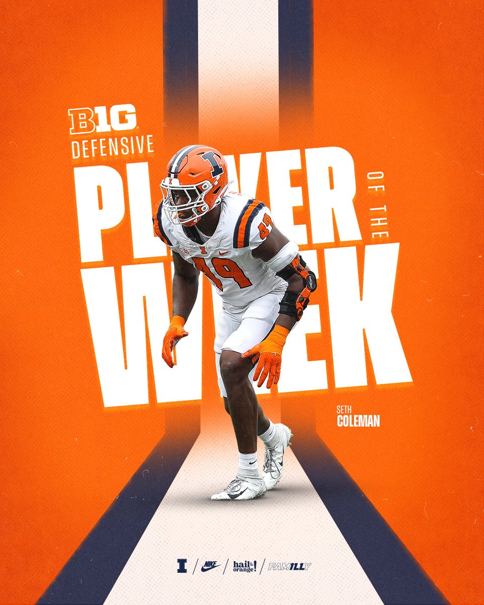 Big Ten Defensive Player of the Week @SethColeman20 #Illini // #HTTO // #famILLy