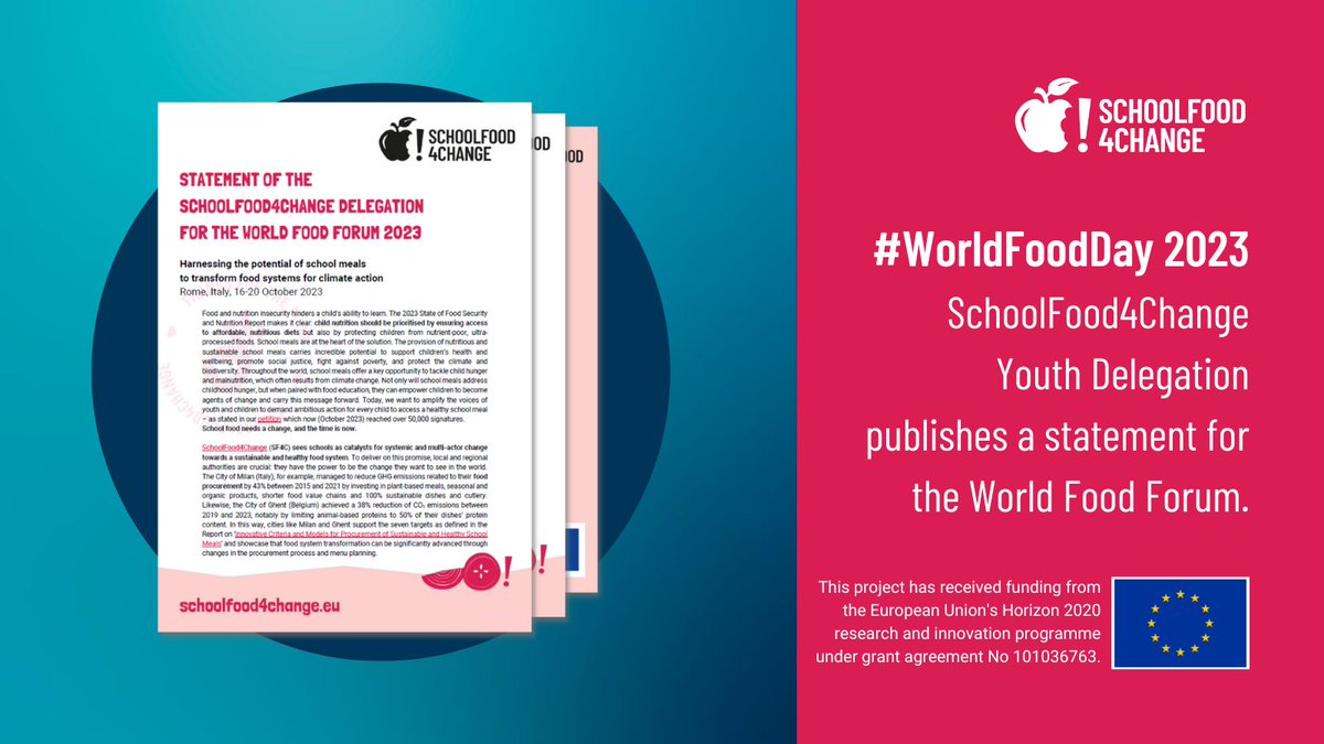 It's #WorldFoodDay!🍎

And the #SF4C Youth Delegation takes the opportunity to launch a Statement, asking to harness the potential of #schoolmeals!

Tomorrow, @IlsaPhillips will officially present the Statement at the @World_FoodForum 💪
Read it here:
schoolfood4change.eu/blog/2023/10/1…