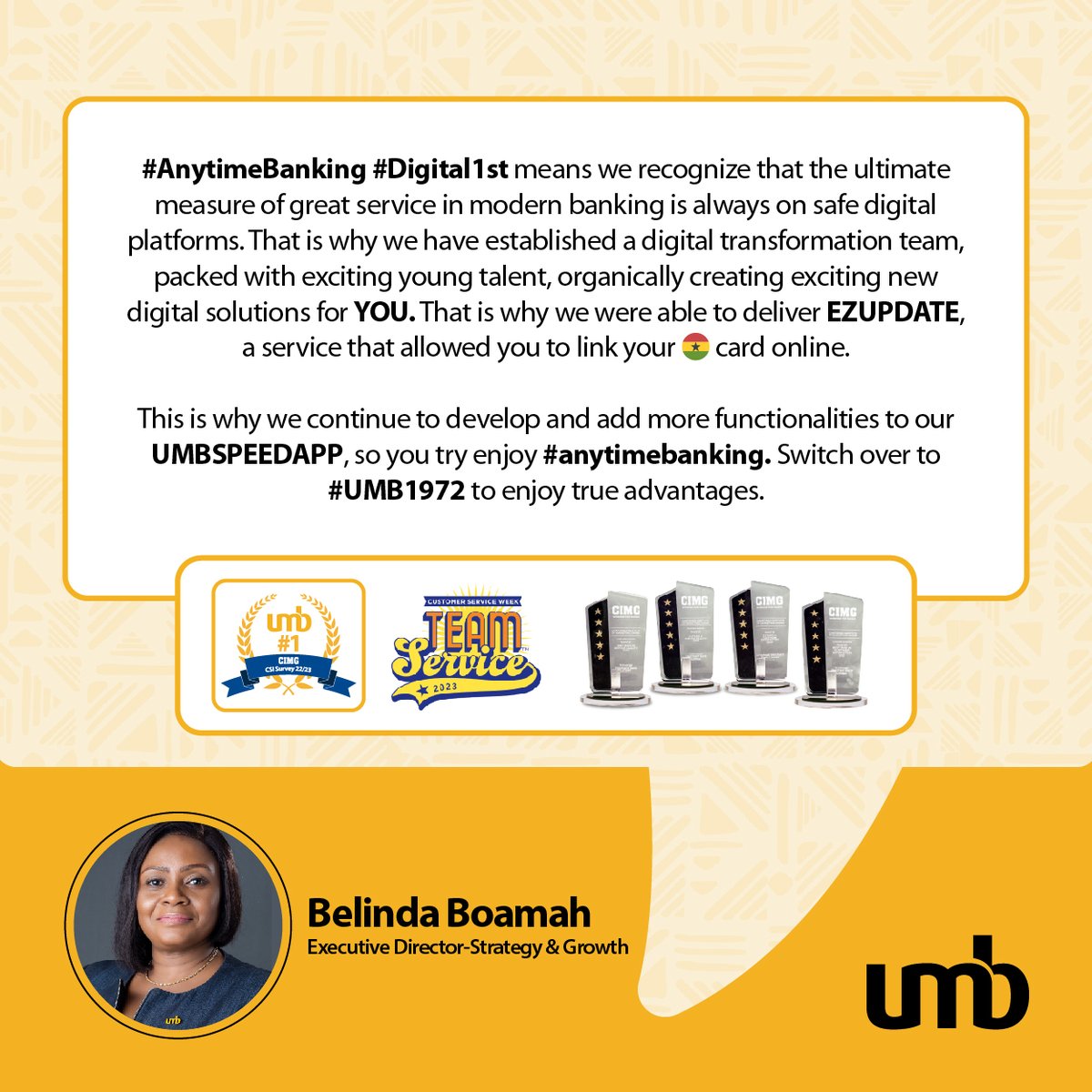 myumbbank's tweet photo. Belinda Boamah, Executive Director of Strategy and Growth, shares her insights on our digital solutions and underscores their pivotal role in powering us to be number 1 in customer-centricity in Ghana.
#AnytimeBanking #Digital1st #CSW2023 #TeamService #UMBAdvantage https://t.co/Zaz3m2H9Kb