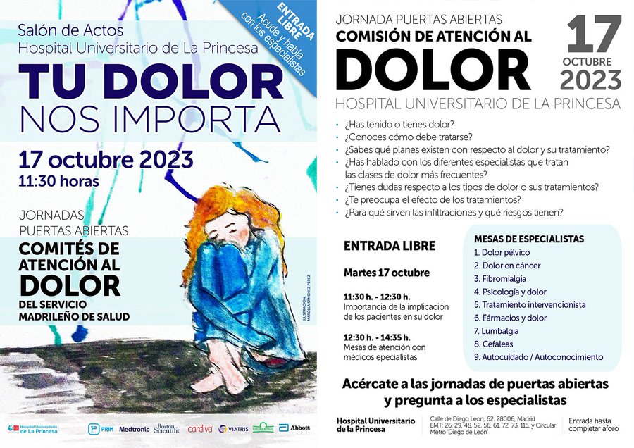 Mañana, 📅 de Octubre #DiaMundialDolor, si tienes algún dolor y quieres consultar con los especialistas, VEN 

✅Antesala Salón de Actos. #HospitaldeLaPrincesa
✅De 12.30 a 14.30 h
✅Entrada libre
TU DOLOR NOS IMPORTA
⏬